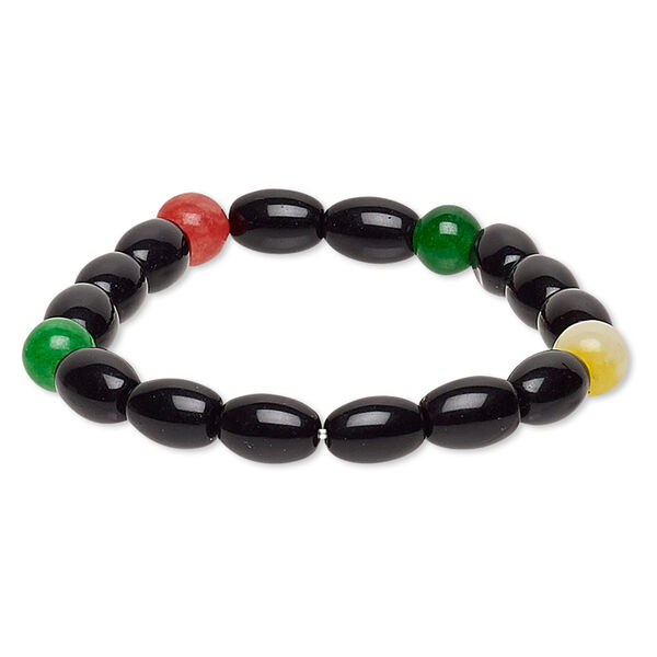 Bracelet, stretch, multi-gemstone (natural / dyed / heated) and glass, multicolored and opaque black, 6-8mm round and 10x7mm-11x8mm barrel, 6 inches. Sold individually. image number 0