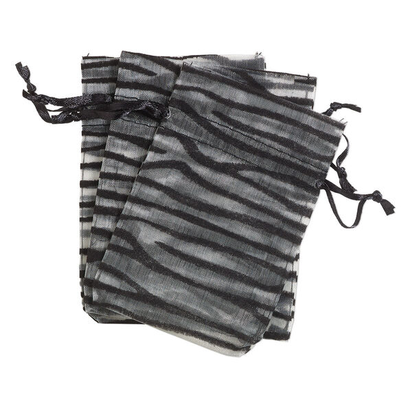 Pouch, satin and flocked organza, grey and black, 4x3-inch rectangle with zebra design and drawstring. Sold per pkg of 12. image number 0