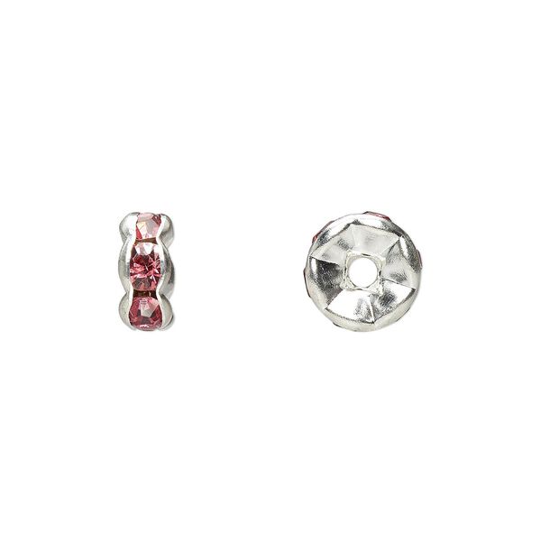 Bead, glass rhinestone and silver-plated brass, rose, 8x4mm rondelle. Sold per pkg of 10. image number 0