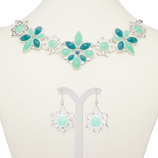 Necklace and earring set, acrylic / glass rhinestone / silver-plated steel / "pewter" (zinc-based alloy), light green and teal green, flower, 18-inch necklace with 2-inch extender chain and lobster claw clasp, 45mm earrings with fishhook ear wire. Sold per set. image number 0