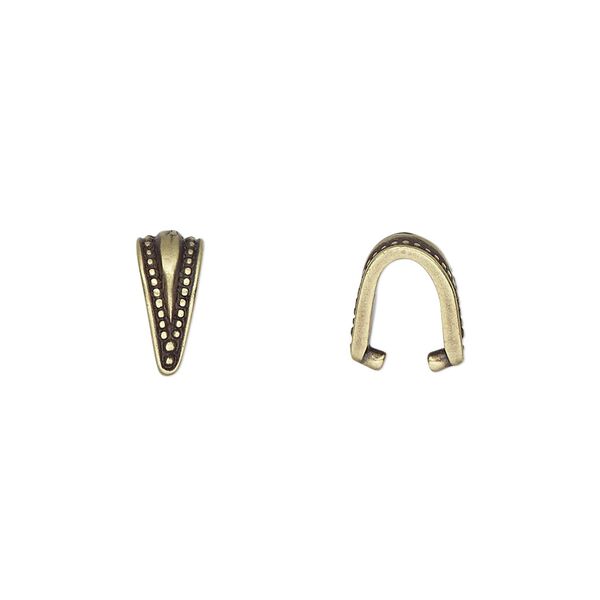 Bail, TierraCast®, ice-pick, antique brass-plated pewter (tin-based alloy), 10x5mm with beaded border, 7mm grip length. Sold per pkg of 2. image number 0