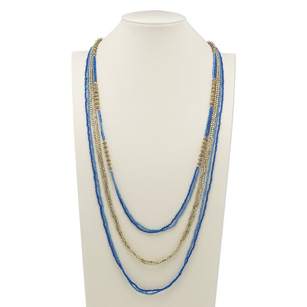 Necklace, glass and gold-finished steel, dark blue and light blue, 40 inches with 2-inch extender chain and lobster claw clasp. Sold individually. image number 0