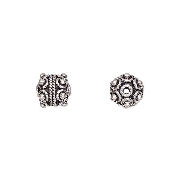 Bead, antiqued sterling silver, 8mm beaded round with scroll design. Sold per pkg of 3. image number 0