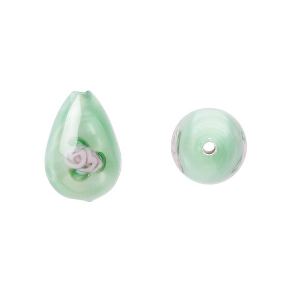 Bead, Czech lampworked glass, opaque green and pink, 14x10mm-15x11mm teardrop with flower design. Sold per pkg of 2. image number 0