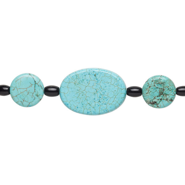 Bead mix, "turquoise" (imitation) resin / rose quartz (dyed) / glass, light blue and black, 6mm-35x25mm mixed shape. Sold per pkg of 7. image number 0