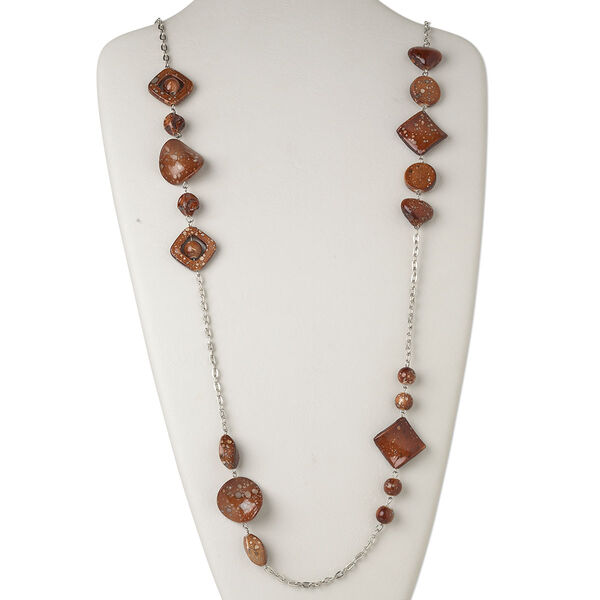 Necklace, acrylic and silver-finished steel, brown, flat round, 47-inch continuous loop. Sold individually. image number 0