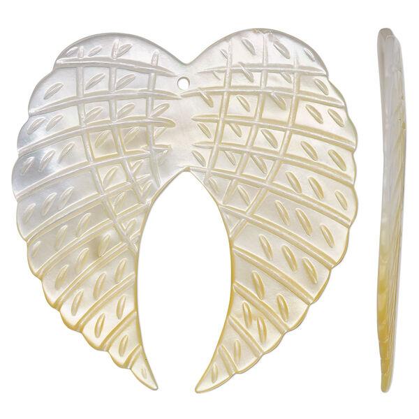Focal, golden lip shell (natural), 40x39mm-42x41mm single-sided hand-cut carved wings, Mohs hardness 3-1/2. Sold individually. image number 0