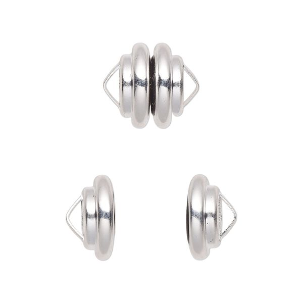 Clasp, Mag-Lok®, magnetic, silver-plated brass, 10.8x7.7mm ribbed rondelle. Sold individually. image number 0