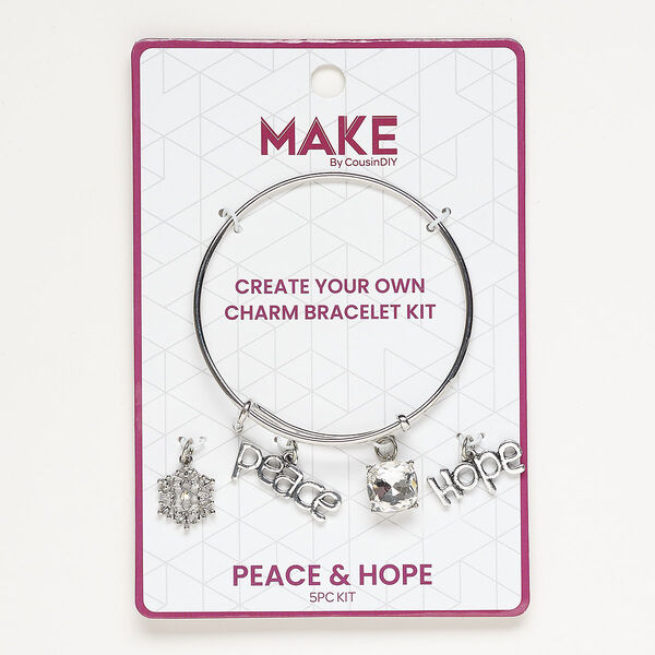 Bracelet and charm assortment, antique silver-finished brass / glass / fabric, clear AB, Peace & Hope theme, 7-1/2 inches. Sold per 5-piece set. image number 0
