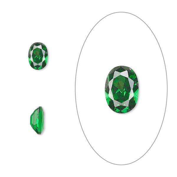 Gem, cubic zirconia, emerald green, 7x5mm faceted oval, Mohs hardness 8-1/2. Sold per pkg of 2. image number 0