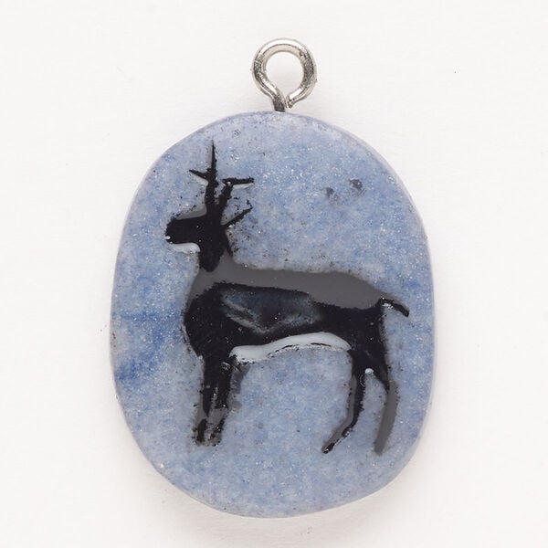 Focal, steel and blue aventurine (natural), pkg/1, silver finish and black, 30x24mm-39x27mm single-sided puffed freeform with deer, C+ grade. image number 0