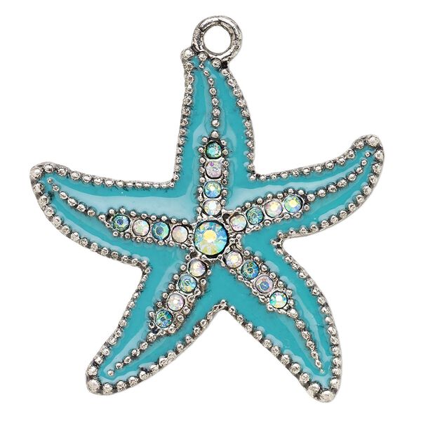 Focal, enamel / glass rhinestone / antique silver-finished "pewter" (zinc-based alloy), clear AB and blue, 40x40mm starfish. Sold individually. image number 0