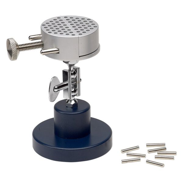 Wire-wrapping tool, Peg Leg™, steel / aluminum / rubber, blue, adjustable up to 4 inches tall with adjustable jig head and 2-3/4 inch base with 8 head pins. Sold individually. image number 0