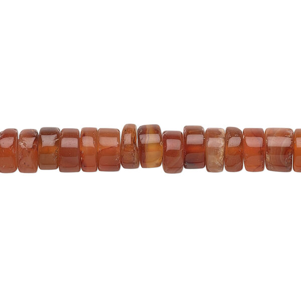 Bead, carnelian (dyed / heated), medium to dark, 5x2mm-7x4mm hand-cut heishi, C- grade, Mohs hardness 6-1/2 to 7. Sold per 14-inch strand. image number 0
