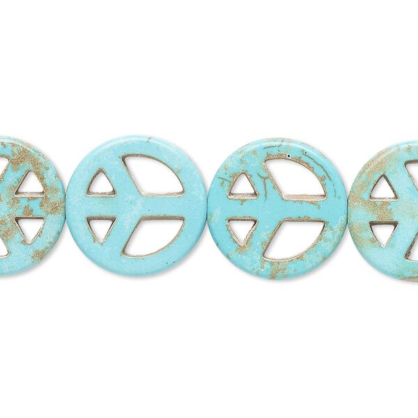 Bead, "howlite" (resin) (imitation), aqua blue, 14-15mm peace sign. Sold per 15-inch strand. image number 0