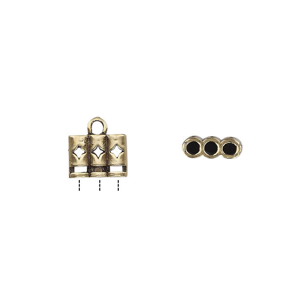 Cord end, glue-in, antiqued brass, 9.5x7mm 3-strand double sided with diamond cutout design, 2mm inside diameter. Sold per pkg of 2. image number 0