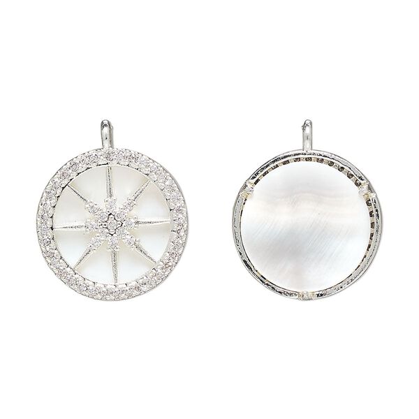 Drop 1pkg2 brass / freshwater pearl shell / glass rhinestone, 16mm round, bleached silver finish / white / clear image number 0
