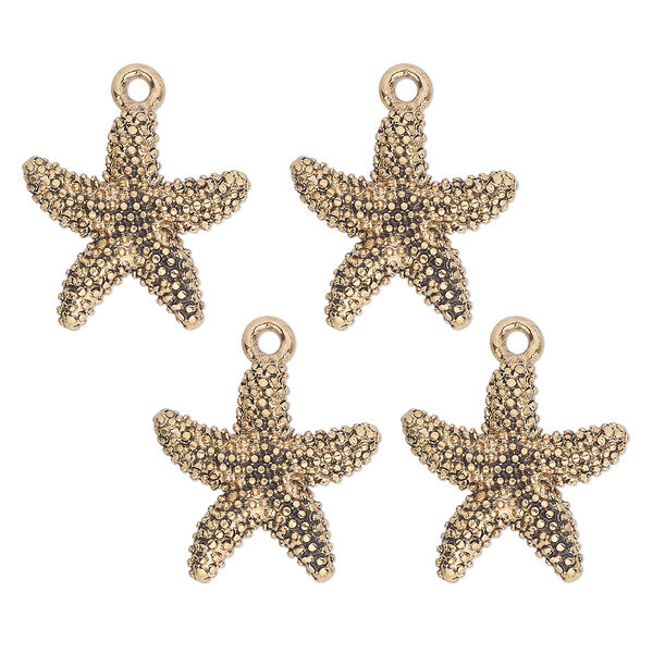 Charm, antique brass-finished "pewter" (zinc-based alloy) , 19mm single-sided starfish. Sold per pkg of 4. image number 0