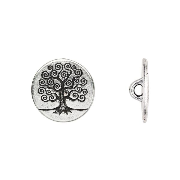 Button, TierraCast®, antique silver-plated pewter (tin-based alloy), 16mm flat round with tree of life and loop. Sold per pkg of 20. image number 0