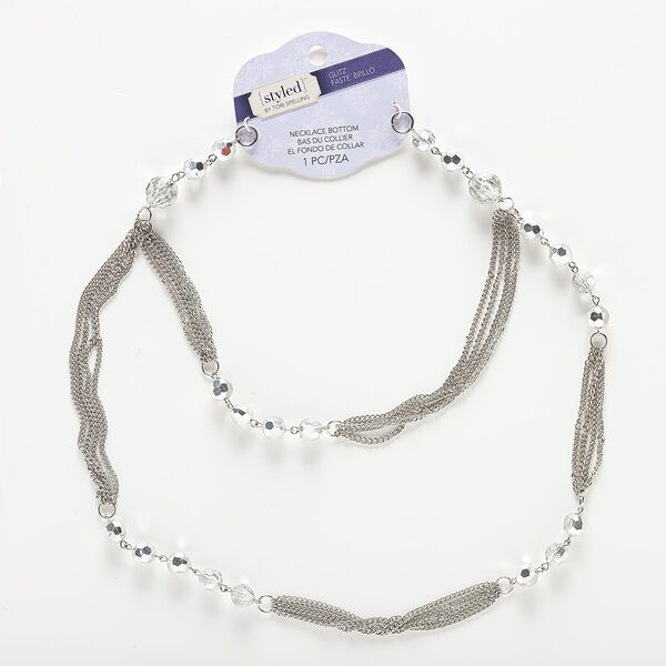 Necklace component, 2-strand, acrylic and silver-finished steel, clear with half-silver finish, faceted round, 16-1/2 inches. Sold individually. image number 0