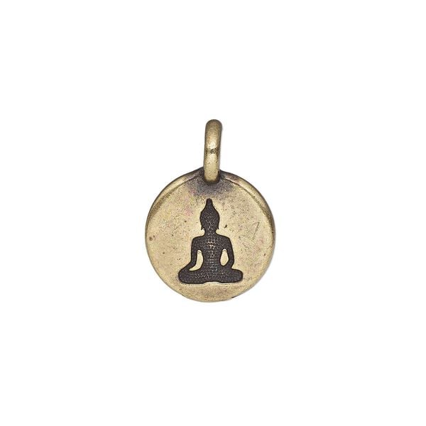 Drop, TierraCast®, antique brass-plated pewter (tin-based alloy), 11.5mm single-sided round with Buddha. Sold per pkg of 2. image number 0