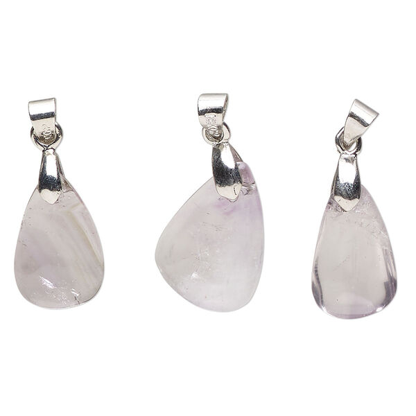 Amethyst / pewter (tin-based alloy) 1pkg3, imitation rhodium-finished teardrop freeform pendant natural 18x8mm-22x14mm image number 0