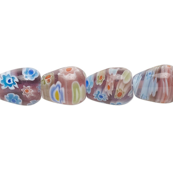 Bead, millefiori glass, translucent light purple and multicolored, puffed flat round 12x10mm with flower design. Sold per 14-inch strand. image number 0