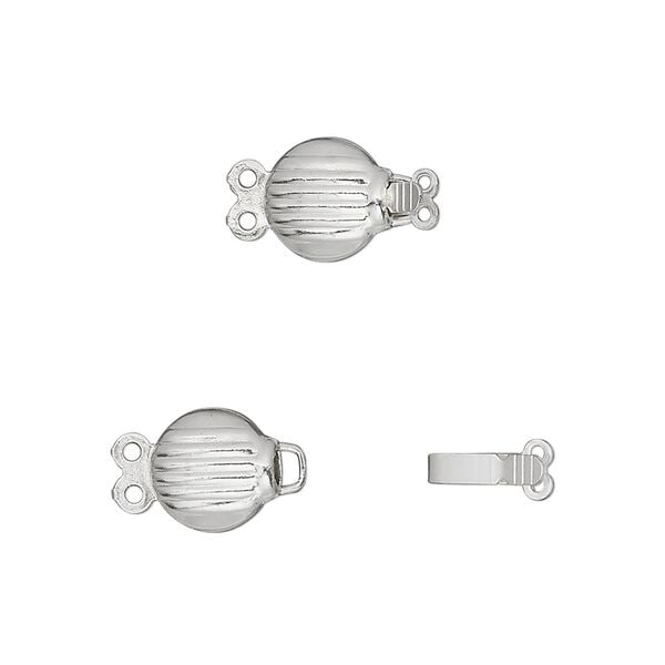 Clasp, 2-strand tab, silver-plated brass, 8mm corrugated flat round. Sold per pkg of 100. image number 0