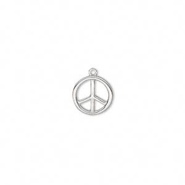 Charm, silver-finished "pewter" (zinc-based alloy), 20mm single-sided round peace sign. Sold individually. image number 0