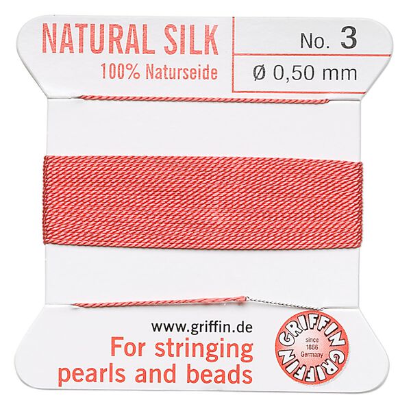 Thread, Griffin, silk, coral, size #3. Sold per 2-meter card (approximately 78 inches). image number 0