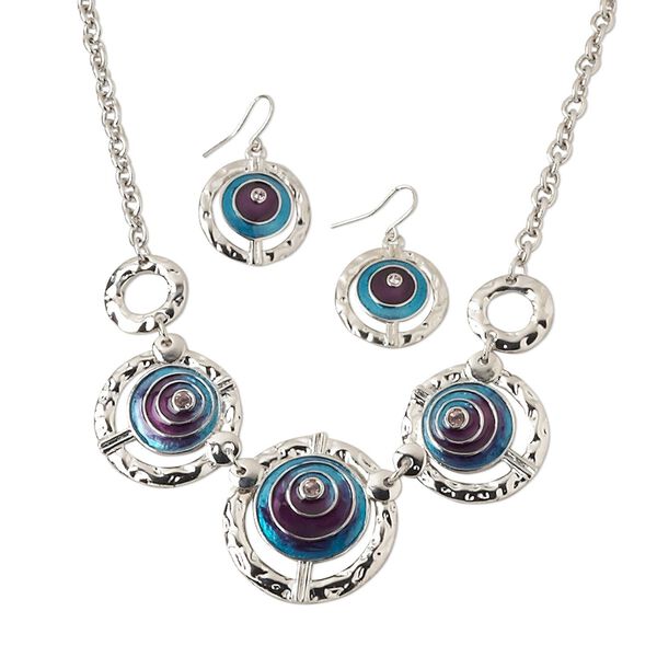 Necklace and earring set, silver-finished "pewter" and brass / glass rhinestone / enamel, teal / purple / pink, 17-34mm graduated textured round with cutout design, 18-inch necklace with lobster claw clasp and 1-3/8 inch earring with fishhook ear wire. Sold per set. image number 0