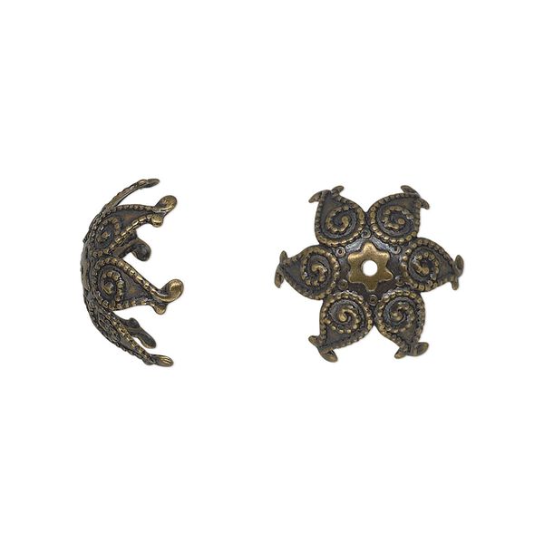 Bead cap, antique gold-plated brass, stamped, 15x7mm fancy star with swirl design, fits 15-20mm bead. Sold per pkg of 20. image number 0