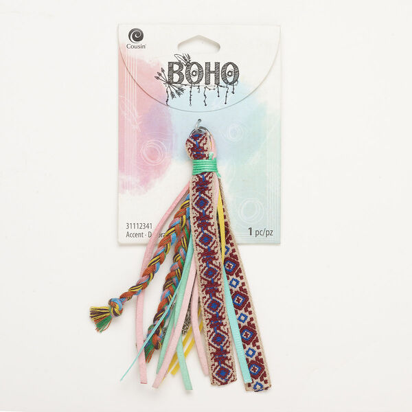 Tassel, "pewter" (zinc-based alloy) / steel / cotton, pkg/1, antique silver finish and multicolored, 4-1/2 inches. image number 0