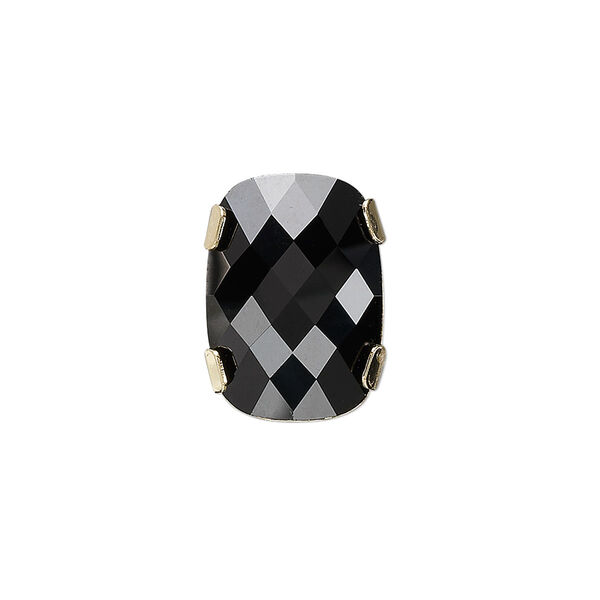 Spacer bar, crystal and gold-plated brass, Crystal Passions®, jet, 18x13mm double-drilled single-stone faceted rounded rectangle, 8mm between holes. Sold individually. image number 0