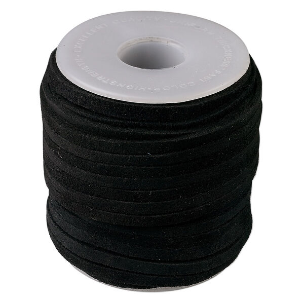 Cord, suede lace (dyed), black, 3-4mm. Sold per 25-yard spool. image number 0