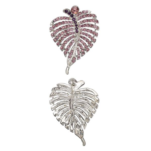 Brooch, glass rhinestone and imitation rhodium-plated "pewter" (zinc-based alloy), dark purple and light purple, 64x46mm leaf. Sold individually. image number 0