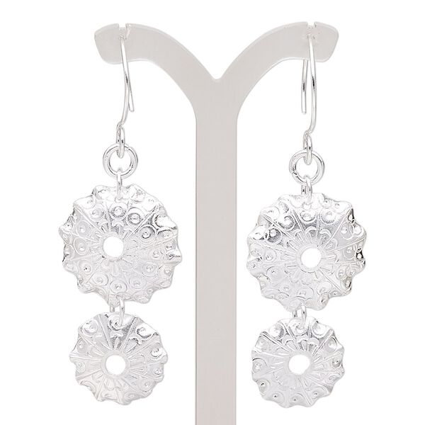 Earring, Hill Tribes, silver-plated copper, 3 inches with double domed round and fancy design with French hook ear wire. Sold per pair. image number 0