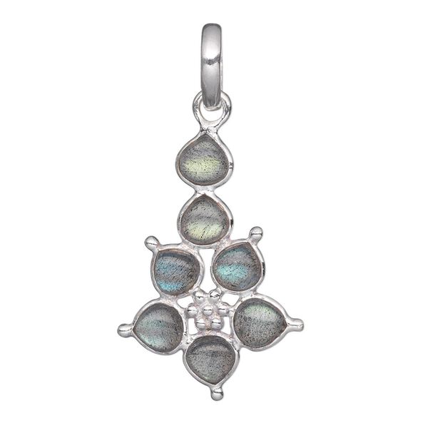 Pendant, labradorite (natural) and sterling silver, 29x19mm pear with 5mm pear. Sold individually. image number 0