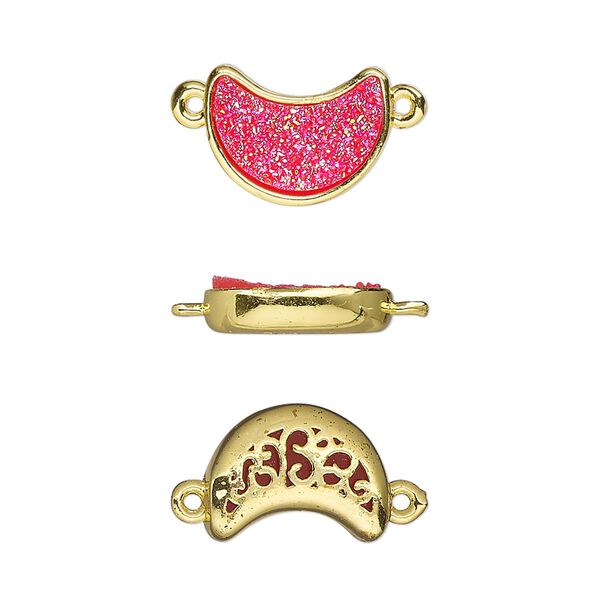 Link, Druzylite™, "druzy" (resin) and gold-finished brass, hot pink, 14x10mm two-sided moon with open filigree back. Sold per pkg of 4. image number 0