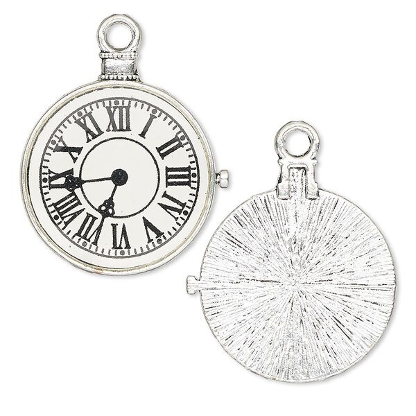 Focal, resin and antique silver-plated "pewter" (zinc-based alloy), black and white, 33x31mm single-sided pocket watch. Sold per pkg of 2. image number 0