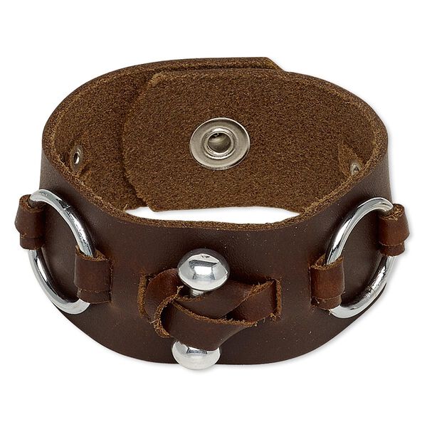 Bracelet, leather (dyed) / silver-plated steel / silver-coated plastic, dark brown, 32mm wide, 6 inches with snap closure. Sold individually. image number 0
