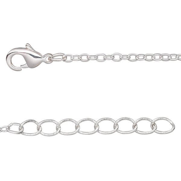 Chain, silver-plated brass, 2mm flat cable, 36 inches with  1-1/4 inch extender chain and lobster claw clasp. Sold per pkg of 2. image number 0