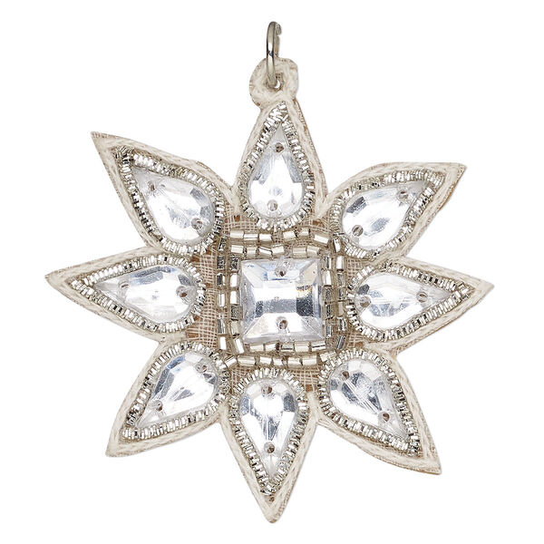 Focal, velveteen / glass / steel, clear, white and silver, 47x44mm single-sided star. Sold individually. image number 0