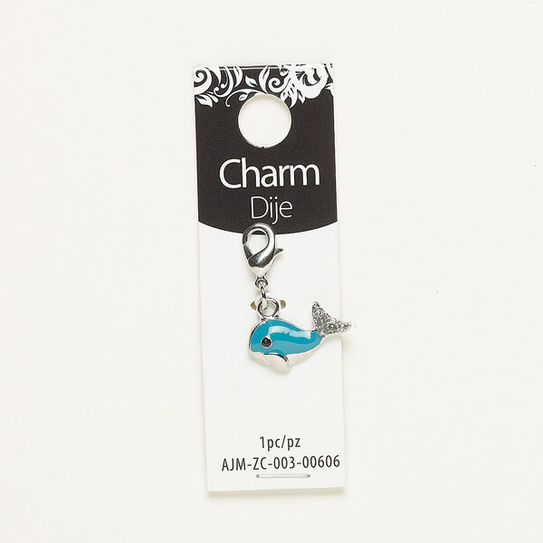 Charm, enamel / acrylic / silver-finished "pewter" (zinc-based alloy) / steel, clear / dark aqua / black, 15x9mm single-sided whale with lobster claw clasp. Sold individually. image number 0