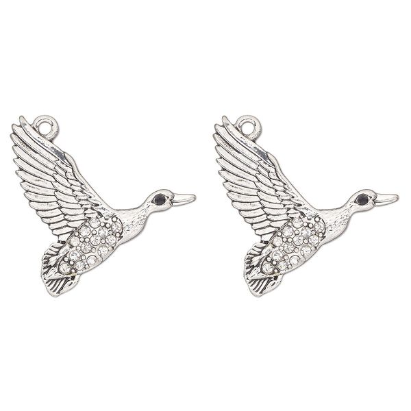 Charm, antique silver-finished "pewter" (zinc-based alloy) and glass, clear and black, 28x24mm single-sided duck. Sold per pkg of 2. image number 0
