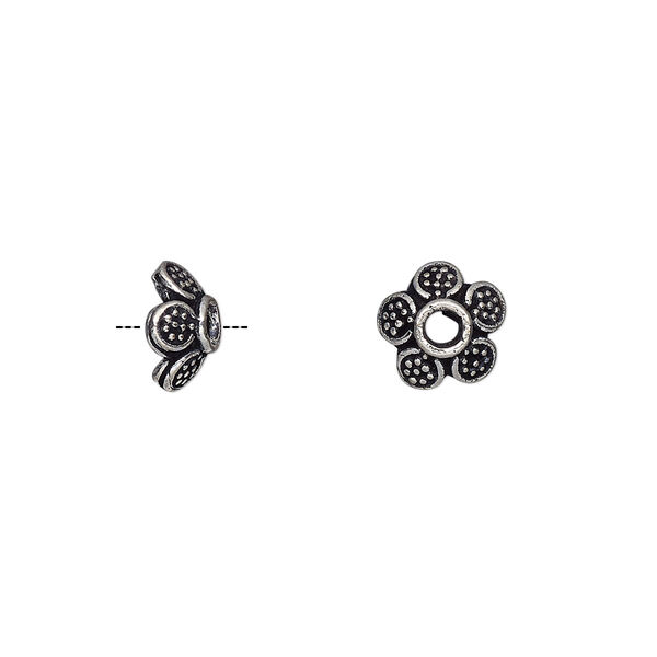 Bead cap, antique silver-plated white brass, 8x4mm fancy flower, fits 8-10mm bead. Sold per pkg of 10. image number 0