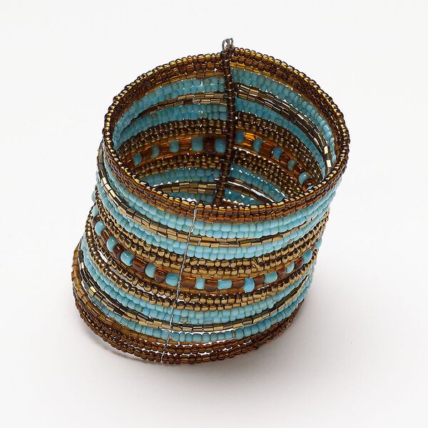 Bracelet, cuff, steel and glass, pkg/1, 7 inches, blue / copper / amber. image number 0