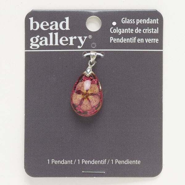 Pendant, silver-finished brass and lampworked glass, pink / tan / clear, 26x17mm teardrop with flower. Sold individually. image number 0