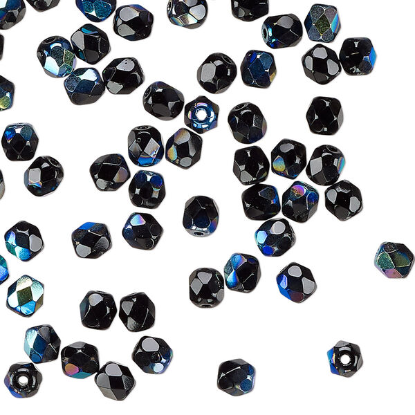 Czech fire-polished glass 1pkg1, faceted round bead half-coated opaque jet AB 1 mass 4mm image number 0