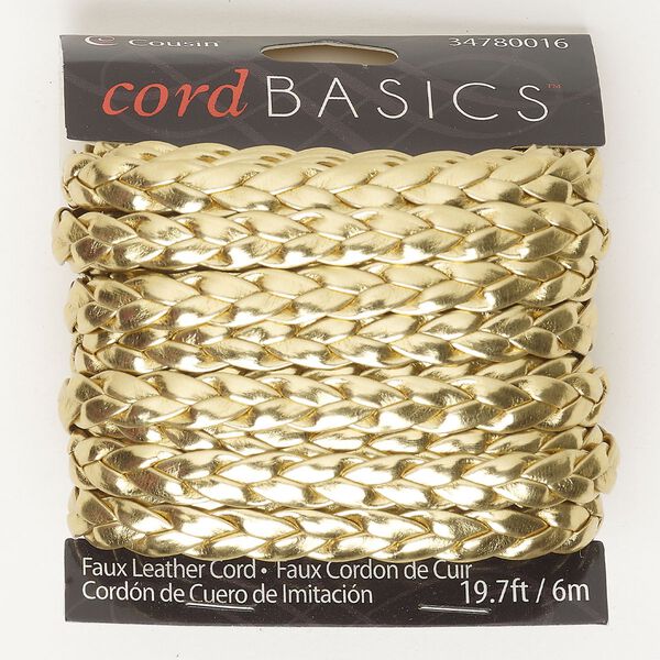 Cord, faux leather, pkg/6ms, gold, 7mm flat braided. image number 0